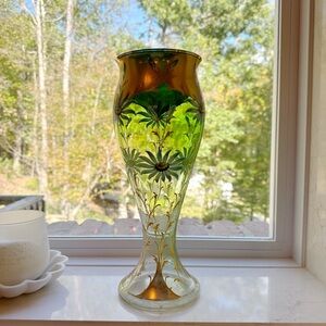 Vintage Hand-Painted Czech Bohemian Floral Glass Vase